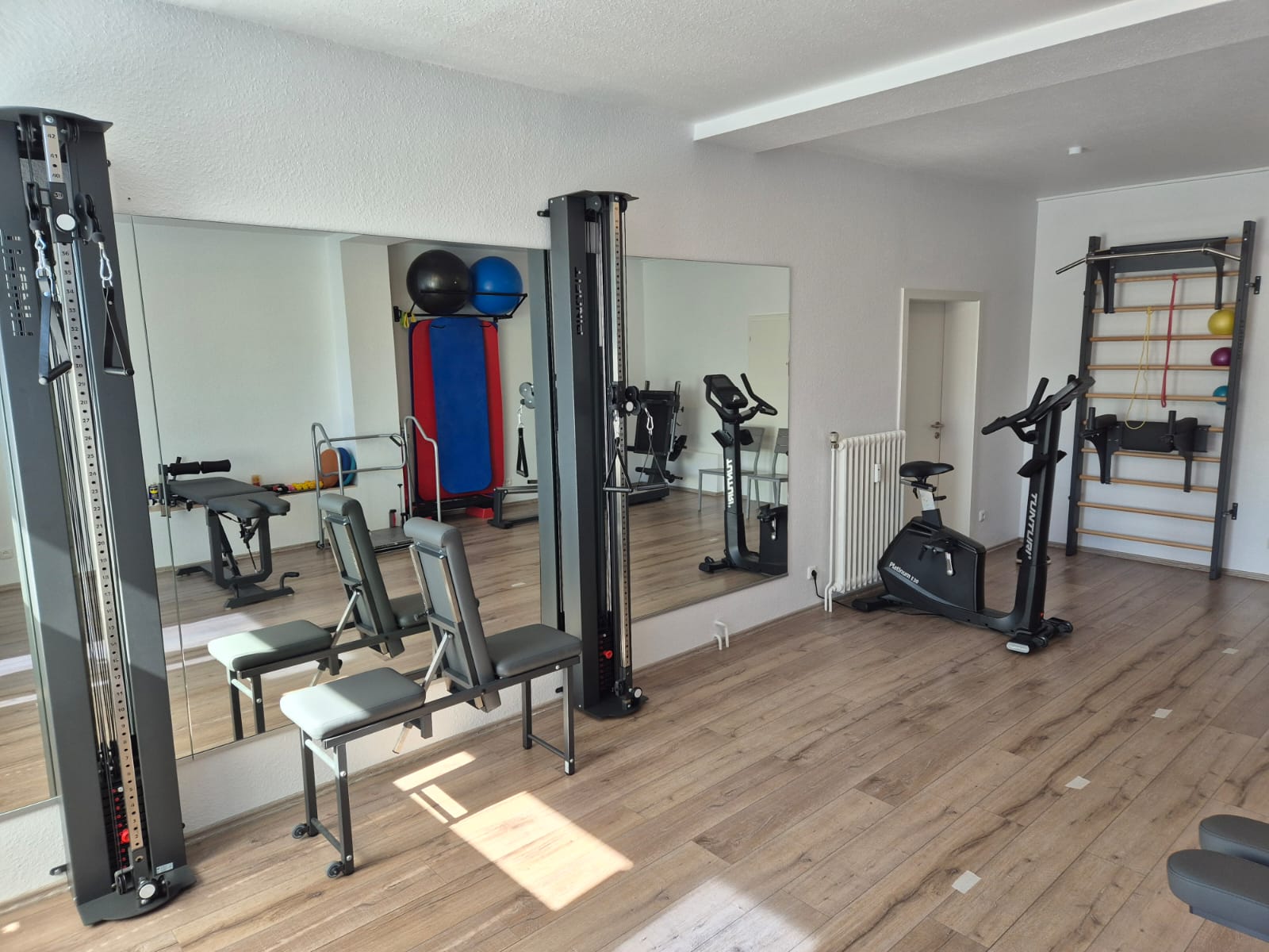 Trainingsbereich mit Kabelzug-Geräten und Spiegelwand